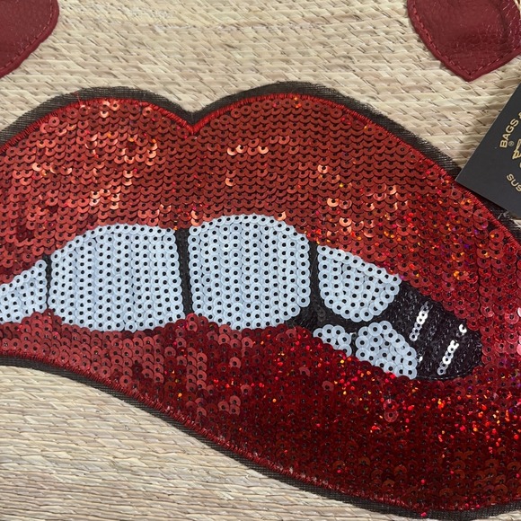$208 By Del Rio Straw Tote Bag Women Red NEW Sequined Lips Tassel Pom Pom Large - Picture 3 of 16
